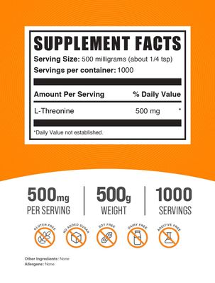 BulkSupplements.com L-Threonine Powder -Threonine Supplement, Amino Acid Supplement - Essential Amino Acid, Gluten Free, 500mg per Serving, 500g (1.1 lbs) (Pack of 1)