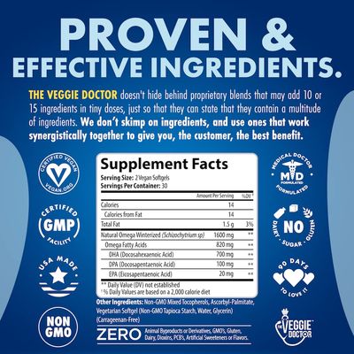 Vegan Omega 3 Supplement - Omega 3 Fish Oil Alternative - No Carrageenan - Plant Based Algae Omega 3 Fatty Acid Supplements - DHA, EPA, DPA - Heart, Brain, Joint, Eye, Immune Support