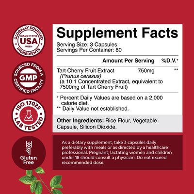 Extra Strength Tart Cherry Capsules - Tart Cherry Extract Capsules 7500mg Non-GMO Tart Cherry Fruit Equivalent per Serving - Advanced Uric Acid Cleanse and Joint Support Supplement - 240 Capsules