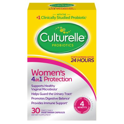 Culturelle 4-in-1 Probiotics for Women, Daily Probiotic &amp; Prebiotic Supplement to Support Vaginal Health, Digestive Health, Immune Health, Occasional Diarrhea, Gas &amp; Bloating Relief, Non-GMO, 30 Count