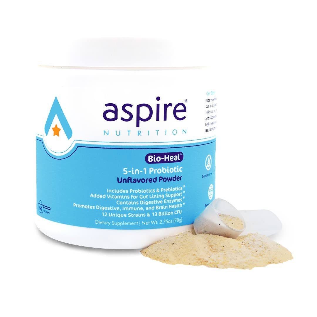 Aspire Nutrition 5-in-1 Bio-Heal Probiotic for Kids, Men &amp; Women - Best Supplement for Brain Function, Gut Health &amp; Constipation - Shelf Stable &amp; Fortified with Vitamin, Mineral &amp; Prebiotics - Powder