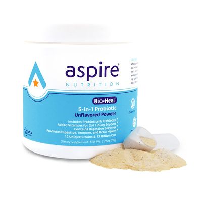 Aspire Nutrition 5-in-1 Bio-Heal Probiotic for Kids, Men &amp; Women - Best Supplement for Brain Function, Gut Health &amp; Constipation - Shelf Stable &amp; Fortified with Vitamin, Mineral &amp; Prebiotics - Powder
