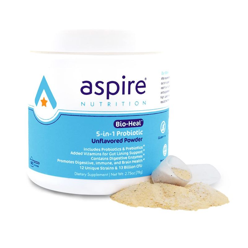 Aspire Nutrition 5-in-1 Bio-Heal Probiotic for Kids, Men &amp; Women - Best Supplement for Brain Function, Gut Health &amp; Constipation - Shelf Stable &amp; Fortified with Vitamin, Mineral &amp; Prebiotics - Powder