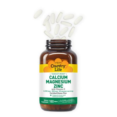 Country Life Calcium Magnesium Zinc with Vitamin D3 and L-Glutamic Acid, Dietary Supplement for Bone Support, Certified Gluten Free, 1000mg/500mg/25mg, 180 Tablets