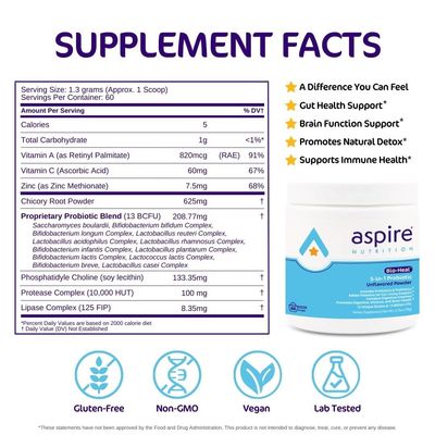 Aspire Nutrition 5-in-1 Bio-Heal Probiotic for Kids, Men & Women - Best Supplement for Brain Function, Gut Health & Constipation - Shelf Stable & Fortified with Vitamin, Mineral & Prebiotics - Powder