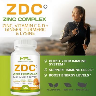 MUSCLE FOOD LABS | Z D C Plus | Vitamin C, 500mg | Vitamin D3, | Zinc, | Turmeric | Ginger | Lysine | Non-GMO &amp; Gluten Free | Veggie Caps | 120 Servings