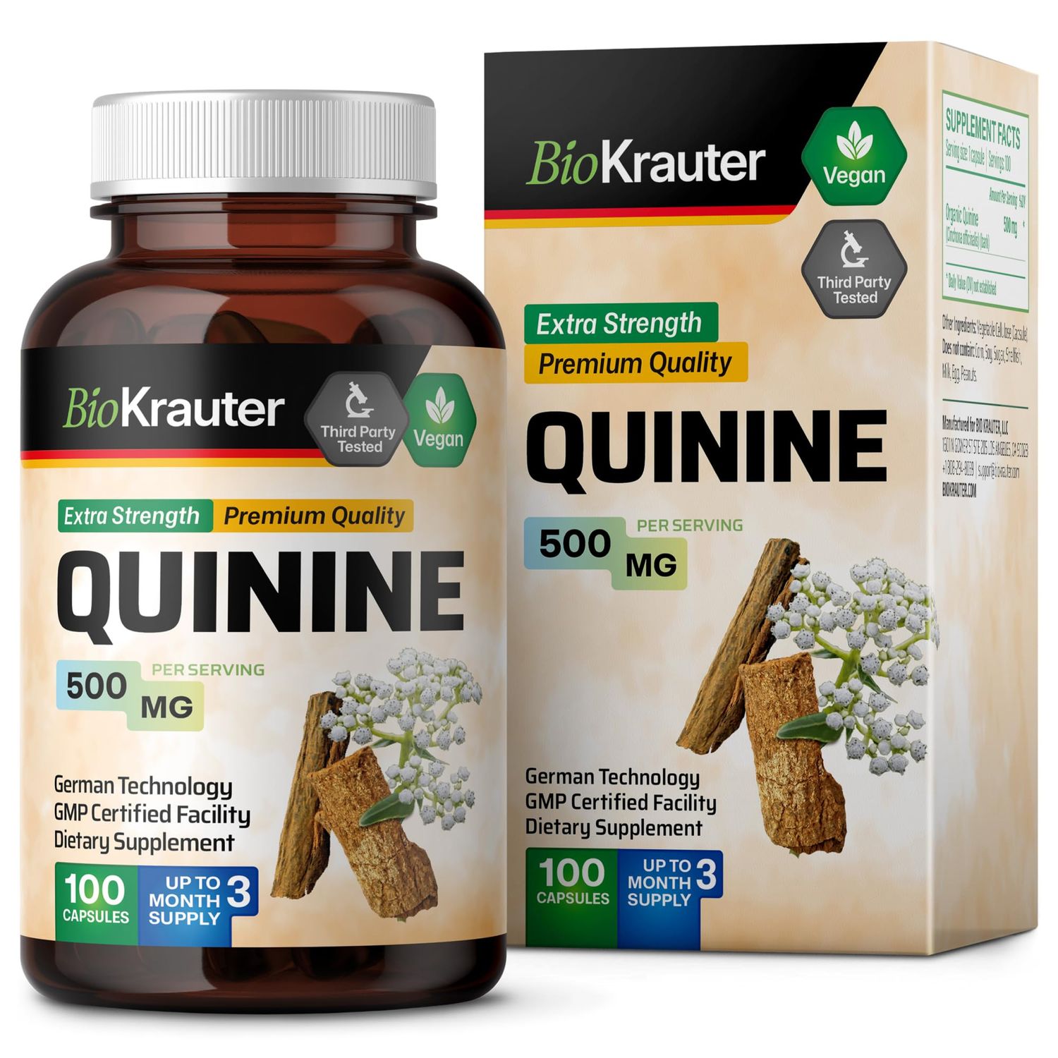 BIO KRAUTER Quinine for Leg Cramp Capsules 500 mg - 100 Cinchona Bark Capsules - Quinine Capsules - Vegan Quinine Capsules Cinchona - No Filler Quinine Powder Caps