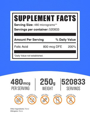 BulkSupplements.com Folic Acid Powder - Vitamin B9, Folic Acid Supplement - Folic Acid Prenatal Vitamins, Folic Acid 800 mcg - Gluten Free, 480mcg per Serving, 250g (8.8 oz) (Pack of 1)