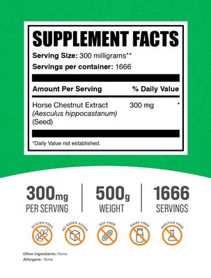 BulkSupplements.com Horse Chestnut Extract Powder - Horse Chestnut Supplement, Horse Chestnut Seed Extract - Herbal, Gluten Free, 300mg per Serving, 500g (1.1 lbs) (Pack of 1)