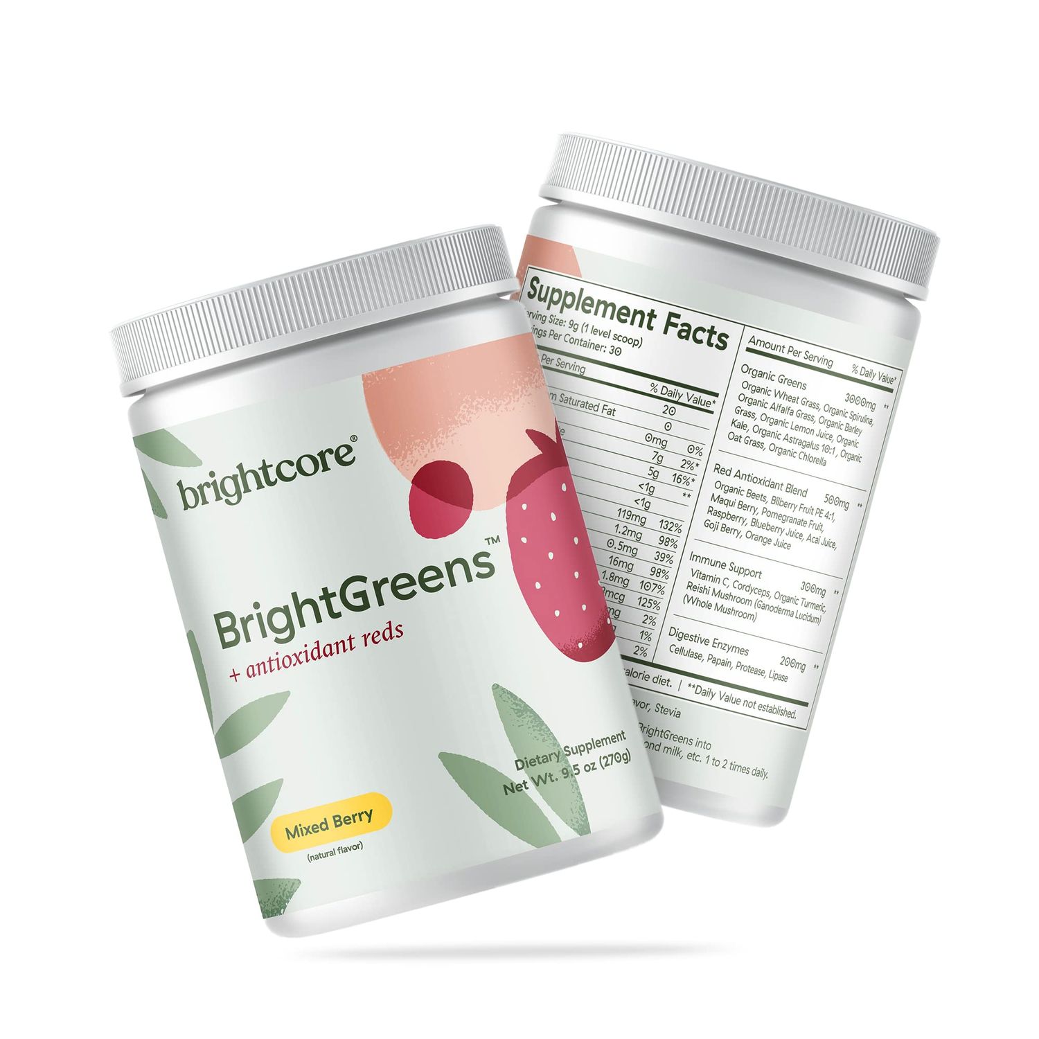Brightcore BrightGreens + Antioxidant Reds, Super Greens Powder from Fruits &amp; Vegetables, Greens and Superfoods Blend for Immune &amp; Digestive Support, Mixed Berry Flavor, 30 Servings Nutrition