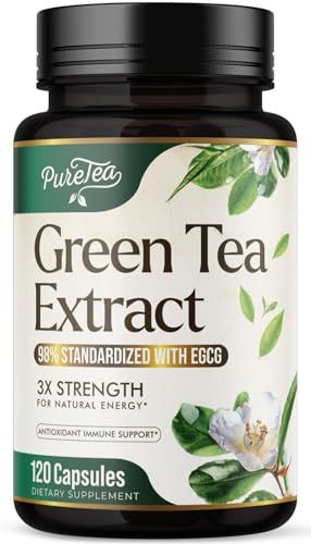 Green Tea Extract Pills 1000mg with EGCG for Heart Support with Antioxidants - 98% Standardized Polyphenols - 3X Absorption Green Tea Capsules for Natural Energy, Gentle Caffeine - 120 Capsules
