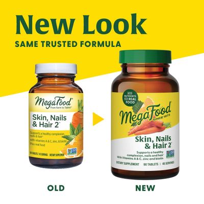 MegaFood Skin, Nails &amp; Hair 2 - Vitamins For Women &amp; Men - Biotin, Vitamin A, Vitamin C, Zinc, Vitamin B6, Vitamin E, Pantothenic Acid - Vegan - Made Without 9 Food Allergens - 90 Tabs (45 Servings)
