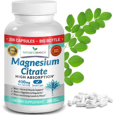 Magnesium Citrate 400mg - 200 Capsules - High Potency for Sleep, Leg Cramps, Extra Strength Absorption, Easy to Swallow Pills for Women &amp; Men, Vegan Supplement Not Tablets - Made in USA