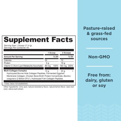 Ancient Nutrition Collagen Powder Protein, Multi Collagen Protein Powder, Strawberry Lemonade, 45 Servings, w/Vitamin C, Hydrolyzed Collagen Peptides for Skin, Nails, Gut Health and Joints, 18.1oz