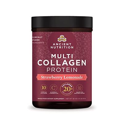 Ancient Nutrition Collagen Powder Protein, Multi Collagen Protein Powder, Strawberry Lemonade, 45 Servings, w/Vitamin C, Hydrolyzed Collagen Peptides for Skin, Nails, Gut Health and Joints, 18.1oz