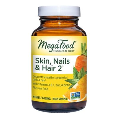 MegaFood Skin, Nails &amp; Hair 2 - Vitamins For Women &amp; Men - Biotin, Vitamin A, Vitamin C, Zinc, Vitamin B6, Vitamin E, Pantothenic Acid - Vegan - Made Without 9 Food Allergens - 90 Tabs (45 Servings)