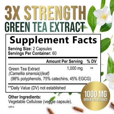 Green Tea Extract Pills 1000mg with EGCG for Heart Support with Antioxidants - 98% Standardized Polyphenols - 3X Absorption Green Tea Capsules for Natural Energy, Gentle Caffeine - 120 Capsules