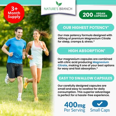 Magnesium Citrate 400mg - 200 Capsules - High Potency for Sleep, Leg Cramps, Extra Strength Absorption, Easy to Swallow Pills for Women &amp; Men, Vegan Supplement Not Tablets - Made in USA