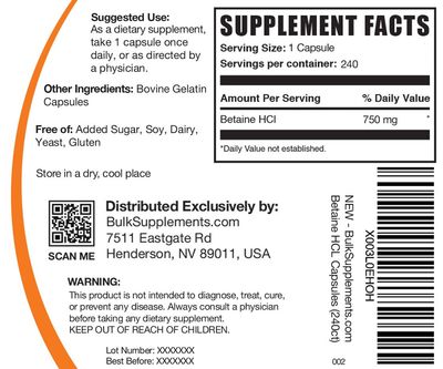 BulkSupplements.com Betaine HCl Capsules - Betaine Hydrochloride Supplement, Betaine 750mg - Gluten Free, Digestive Health Support - 1 Capsule per Serving, 240 Capsules