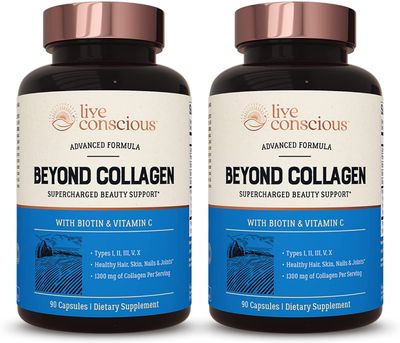 Live Conscious Beyond Collagen Multi Collagen Capsules - Types I, II, III, V &amp; X | Hydrolyzed Blend with Biotin &amp; Vitamin C for Hair, Skin, Nails 90 Capsules (2-Pack)