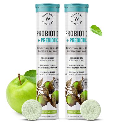 WELLBEING NUTRITION Daily Probiotic + Prebiotic| Plant Based |18 Billion CFU, 6 Strains for Men &amp; Women with Organic Prebiotic Fiber for Digestion, Gut Health, Metabolism | 42 Effervescent Tabs
