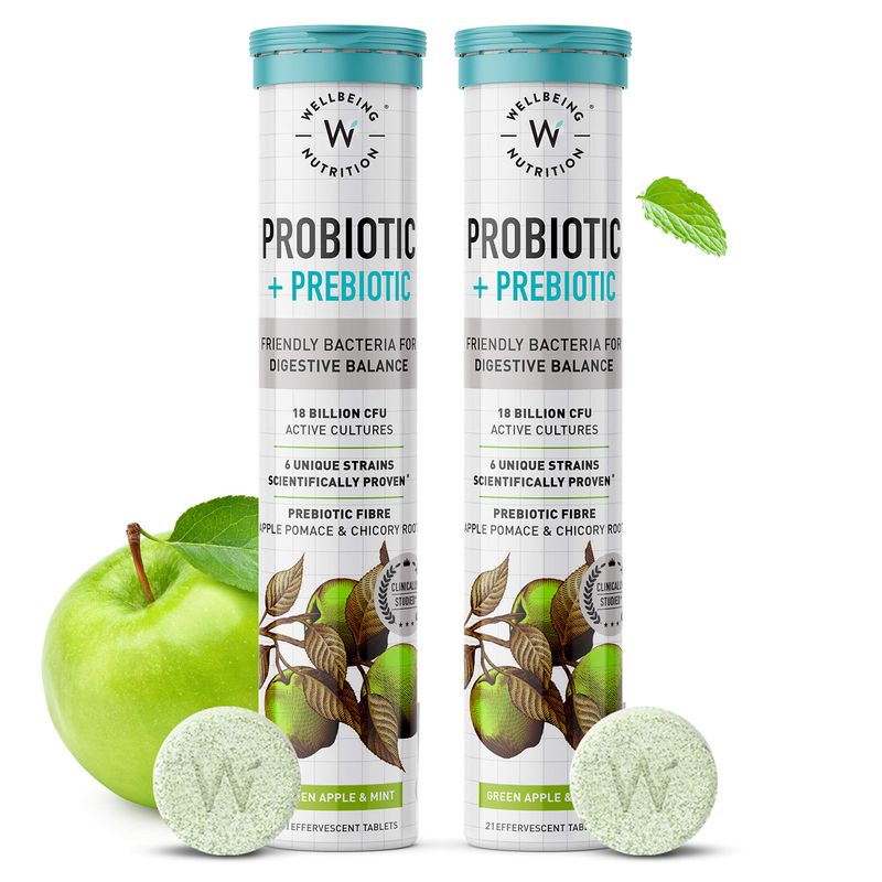 WELLBEING NUTRITION Daily Probiotic + Prebiotic| Plant Based |18 Billion CFU, 6 Strains for Men &amp; Women with Organic Prebiotic Fiber for Digestion, Gut Health, Metabolism | 42 Effervescent Tabs
