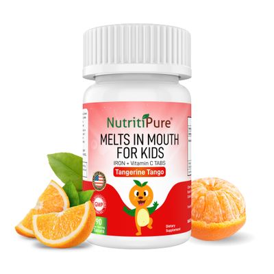 NutritiPure Chewable Iron Supplements for Kids (Ferronyl/Carbonyl Iron 9 mg with Vitamin C 30 mg) Tablet in Tangerine Tango Orange Flavor Kids Iron Supplement 90 Count