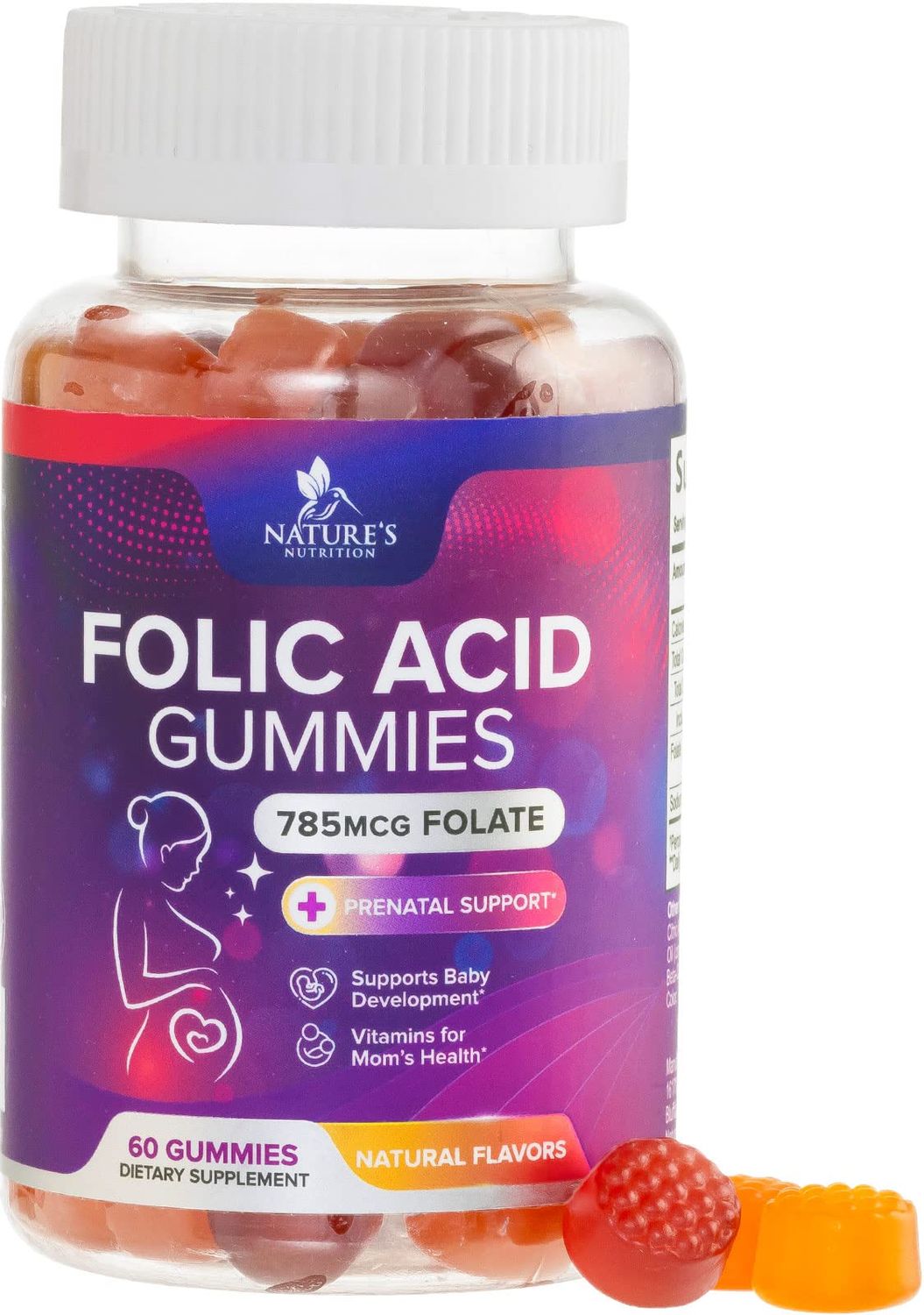 Folic Acid Gummies for Women 785 mcg, Essential Prenatal Vitamins for Mom &amp; Baby, Vegan Folic Supplement Gummy, Vitamin B9 Chewable Extra Strength Folate, Before During After Pregnancy - 60 Gummies