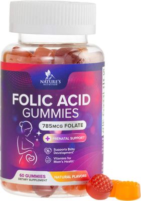 Folic Acid Gummies for Women 785 mcg, Essential Prenatal Vitamins for Mom &amp; Baby, Vegan Folic Supplement Gummy, Vitamin B9 Chewable Extra Strength Folate, Before During After Pregnancy - 60 Gummies