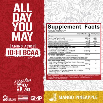 5% Nutrition Rich Piana AllDayYouMay BCAA Powder | Premium Intra &amp; Post Workout Amino Acids, Hydration, Endurance, Muscle Recovery, Joint &amp; Liver Support | 15.3 oz, 30 Servings (Mango Pineapple)