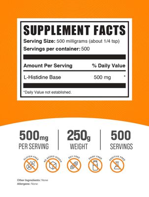 BulkSupplements.com L-Histidine Powder - as L-Histidine Base, Histidine Supplement - Essential Amino Acid &amp; Gluten Free, 500mg per Serving, 250g (8.8 oz) (Pack of 1)