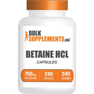 BulkSupplements.com Betaine HCl Capsules - Betaine Hydrochloride Supplement, Betaine 750mg - Gluten Free, Digestive Health Support - 1 Capsule per Serving, 240 Capsules