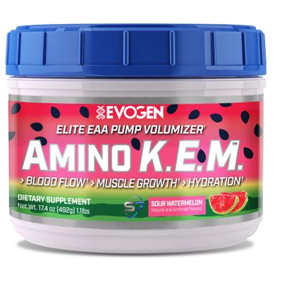 Evogen Amino KEM - Elite EAA Pump Volumizer | Supports Blood Flow, Muscle Growth, Hydration | Full Spectrum EAAs &amp; BCAAs, S7 Nitric Oxide Blend | Sour Watermelon | 30 Servings