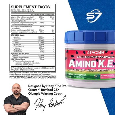 Evogen Amino KEM - Elite EAA Pump Volumizer | Supports Blood Flow, Muscle Growth, Hydration | Full Spectrum EAAs & BCAAs, S7 Nitric Oxide Blend | Sour Watermelon | 30 Servings