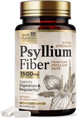 Fiber Supplement, Psyllium Husk Fiber Capsules 1500mg - Daily Fiber Pills, Psyllium Husk Caps Support Digestive Health &amp; Regularity, Nature&#39;s Plant Based Natural Soluble Fiber, Non-GMO - 180 Capsules