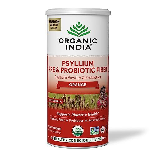Organic India Psyllium Husk Powder - Pre &amp; Probiotic Fiber Supplement, Organic Psyllium Husk Fiber Supplement with Whole Psyllium Husk, Dietary Fiber, USDA Organic, Vegan, Gluten Free - Orange, 10 Oz