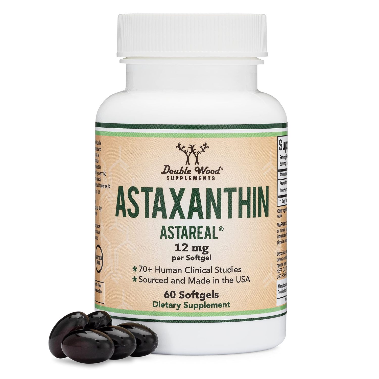 Astaxanthin 12mg Max Strength (AstaReal: Natural Patented Astaxanthin with 70+ Human Clinical Trials - World&#39;s Most Studied Brand) Grown, Harvested, and Made in The USA (Astaxantina) by Double Wood