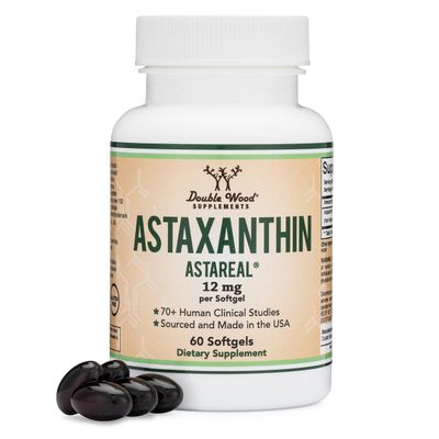 Astaxanthin 12mg Max Strength (AstaReal: Natural Patented Astaxanthin with 70+ Human Clinical Trials - World&#39;s Most Studied Brand) Grown, Harvested, and Made in The USA (Astaxantina) by Double Wood
