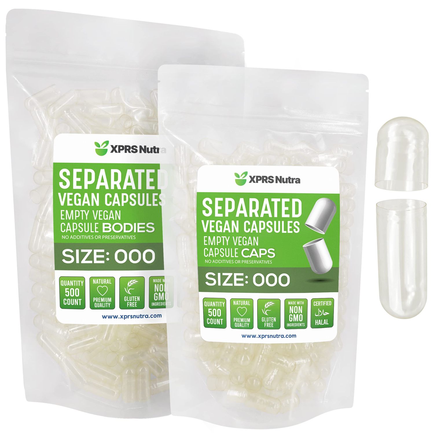 XPRS Nutra Vegan Size 000 Separated Capsules - 500 Count Premium Empty Capsules Separated in Bags - Clear Empty Capsules - Separated Empty 000 Capsules - Pill Capsules Empty for DIY Supplement Filling