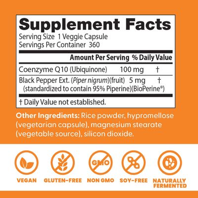 Doctor's Best High Absorption CoQ10 with BioPerine, Gluten Free, Naturally Fermented, Vegan, Heart Health & Energy Production, 100 mg 360 Veggie Caps(Pack of 1)
