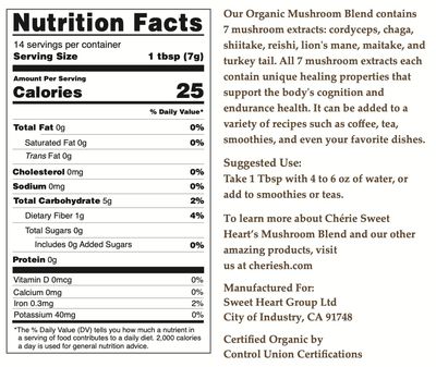 Cherie Sweet Heart 7 Mushroom Extract Powder, USDA Organic, Lion's Mane, Reishi, Cordyceps, Maitake, Shiitake, Turkey Tail, Chaga, Real Mushrooms, No fillers, 3.5oz. (Mushroom Blend, 3.5 Ounce)