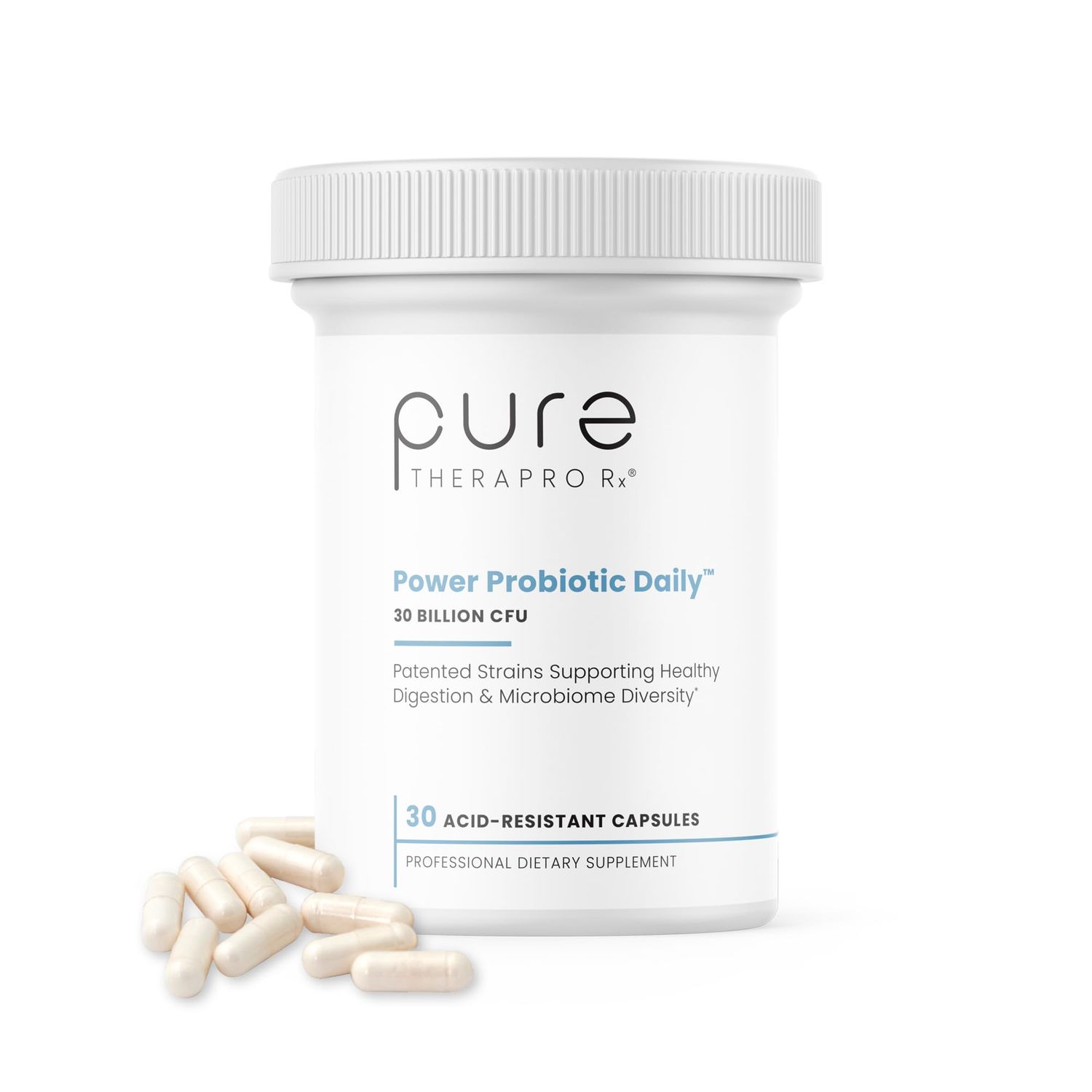 Pure Therapro Rx Power Probiotic Daily - 30 Acid-Resistant Capsules | 4 Proven Strains - 30 Billion CFU/Capsule | Patented Activ-Vial Desiccant Bottle to Ensure Freshness | NO Refrigeration Required