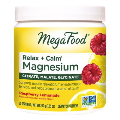 MegaFood Relax + Calm Magnesium Powder - Highly Absorbable Magnesium Glycinate, Magnesium Citrate &amp; Magnesium Malate - Without 9 Food Allergens - Raspberry Lemonade Flavor - 7.05 Oz (50 Servings)