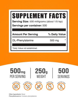 BulkSupplements.com DL-Phenylalanine Powder - DLPA Powder, DL-Phenylalanine 500mg - DLPA Supplements, Amino Acid - Gluten Free, 500mg per Serving, 250g (8.8 oz) (Pack of 1)