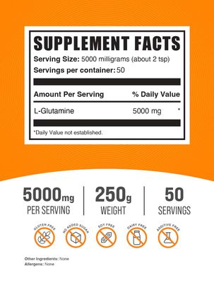 BulkSupplements.com L-Glutamine Powder - Glutamine Supplement, L-Glutamine 5000mg, L Glutamine Powder - Unflavored & Gluten Free, 5000mg per Serving, 250g (8.8 oz) (Pack of 1)
