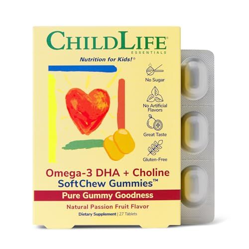 CHILDLIFE ESSENTIALS Omega-3 DHA + Choline SoftChew Gummies - Omega 3 for Kids, DHA for Kids, Omega 3 Gummies with Choline, Fish Oil for Babies, Toddlers &amp; Children - Natural Passion Fruit, 27 Tablets