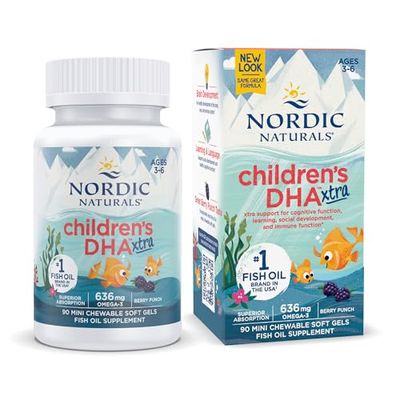 Nordic Naturals Childrens DHA Xtra, Berry Punch - 90 Mini Chewable Soft Gels for Kids - 636 mg Omega-3s EPA &amp; DHA - Cognitive &amp; Immune Function, Learning, Social Development - Non-GMO - 30 Servings