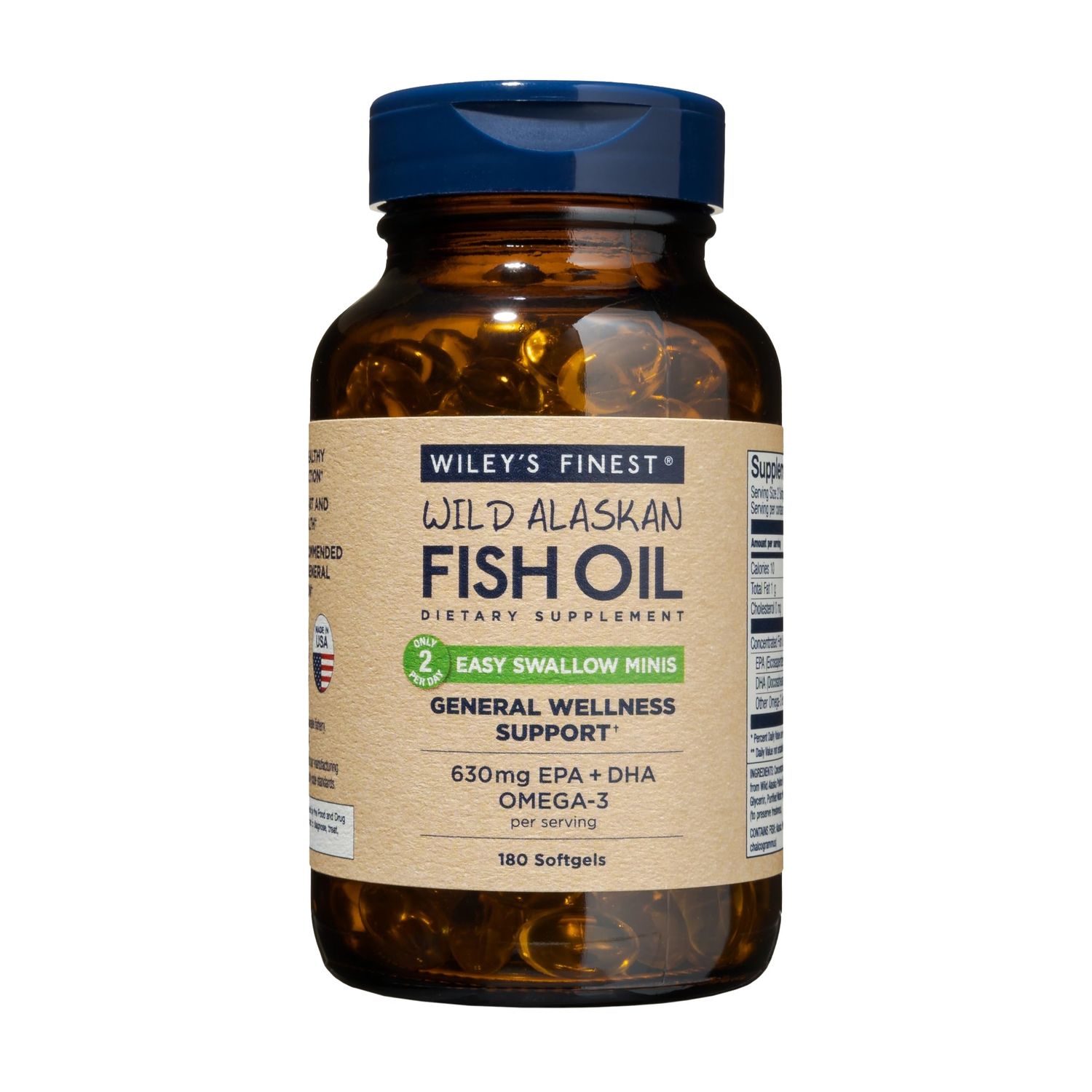 Wiley&#39;s Finest Wild Alaskan Fish Oil Easy Swallow Minis - Omega-3 Fish Oil Supplement for Adults and Kids - Double-Strength 630mg EPA and DHA Natural Supplement - 180 Mini Softgels (90 Servings)