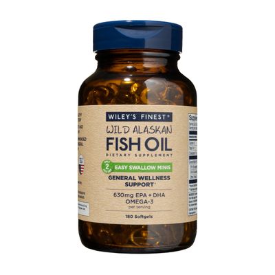 Wiley&#39;s Finest Wild Alaskan Fish Oil Easy Swallow Minis - Omega-3 Fish Oil Supplement for Adults and Kids - Double-Strength 630mg EPA and DHA Natural Supplement - 180 Mini Softgels (90 Servings)