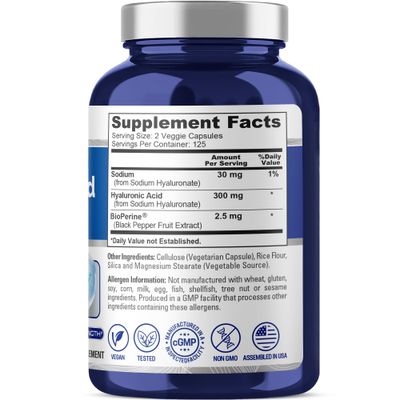 NusaPure Hyaluronic Acid 300mg 250 Veggie Capsules (Non-GMO, Vegan)